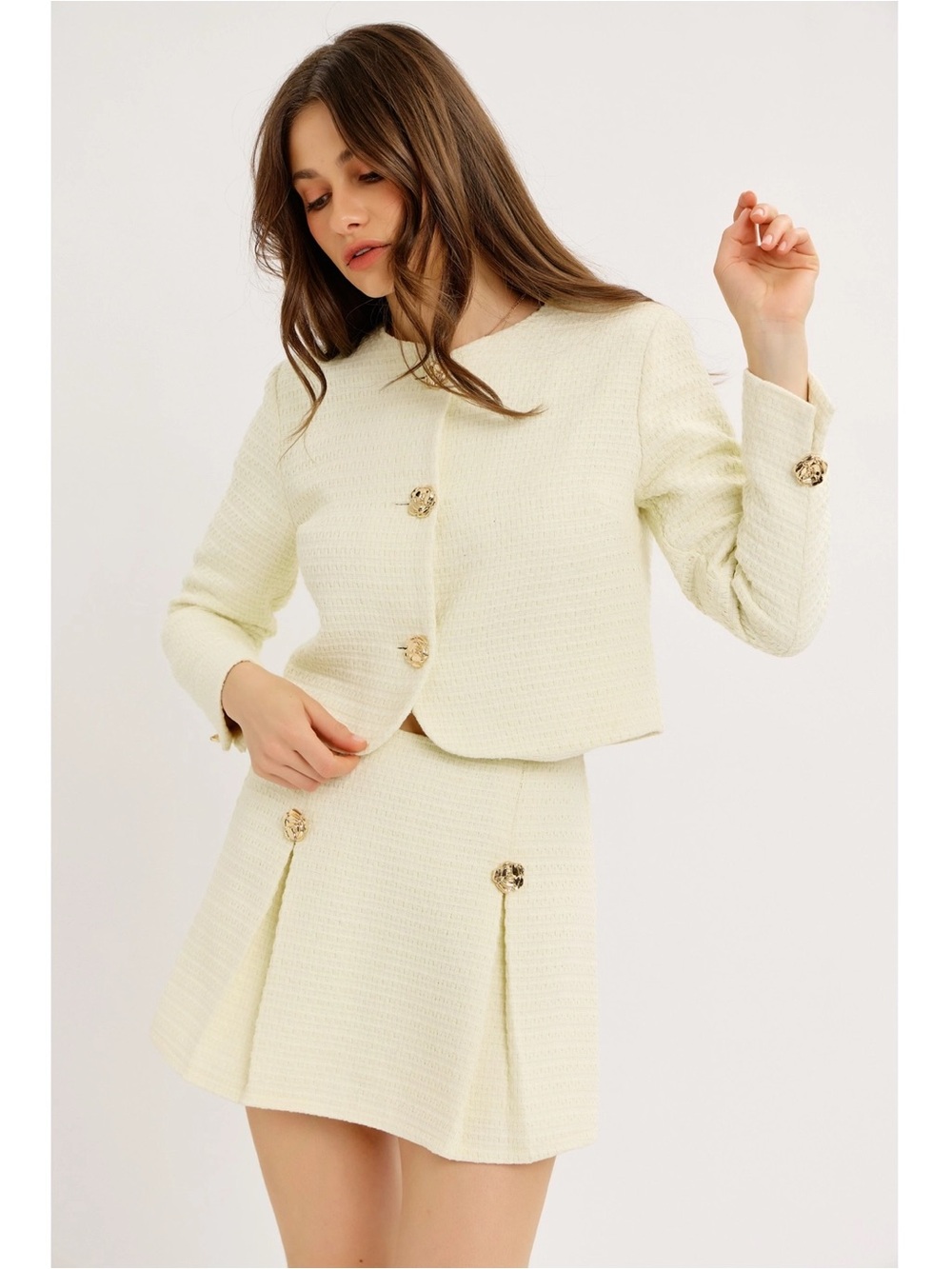 Cream Tweed Pleated Mini Skort and Jacket Set - 732 - Picture 2 of 14